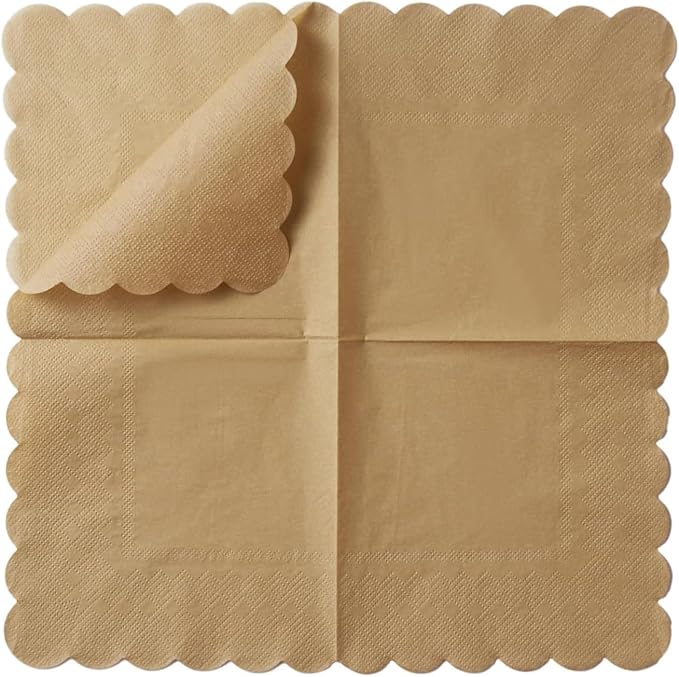 200 Pack Cocktail Napkin 2-Ply Scalloped Edged Dessert Napkins Folded 5 x 5 Inches Disposable Napkins for Dinner Wedding Birthday Party Bridal Anniversary Reception Event (Brown)