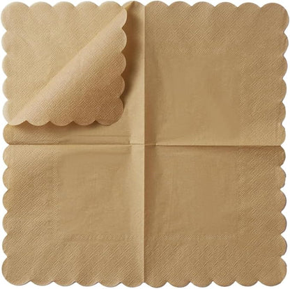 200 Pack Cocktail Napkin 2-Ply Scalloped Edged Dessert Napkins Folded 5 x 5 Inches Disposable Napkins for Dinner Wedding Birthday Party Bridal Anniversary Reception Event (Brown)