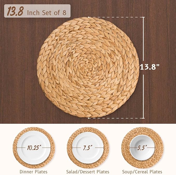 13.8 in Round Boho Placemats Table Mats Set of 8, Farmhouse Rustic Woven Plate Charger for Dinner Plates, Rattan Jute Wicker Braided Place Mats Chargers for Dining Table Decor