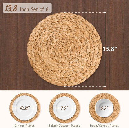 13.8 in Round Boho Placemats Table Mats Set of 8, Farmhouse Rustic Woven Plate Charger for Dinner Plates, Rattan Jute Wicker Braided Place Mats Chargers for Dining Table Decor