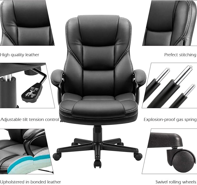 Furmax Office Executive Chair High Back Adjustable Managerial Home Desk Chair, Swivel Computer PU Leather Chair with Lumbar Support (1, Black)
