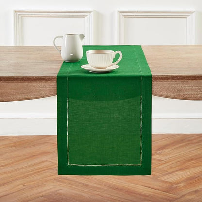 Solino Home Linen Garden Green Table Runner 72 Inches Long - 100% Pure Linen Hemstitch Table Runner 14 x 72 Inch for Dresser, Dining, Christmas, Winter, New Year - Classic Hemstitch