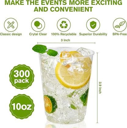 JollyPack 300 Pack Clear Plastic Cups 10 OZ Disposable Heavy-duty Hard Drinking Cups for Christmas, Wedding, Home, Dinner and other Events