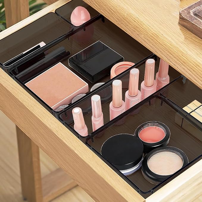 23 PCS Drawer Organizer Set, 5 Varied Size Bathroom and kitchen Drawer cabinet organizer Trays, Clear Storage Bins for Makeup, Jewelry, Utensils and Gadgets, Black