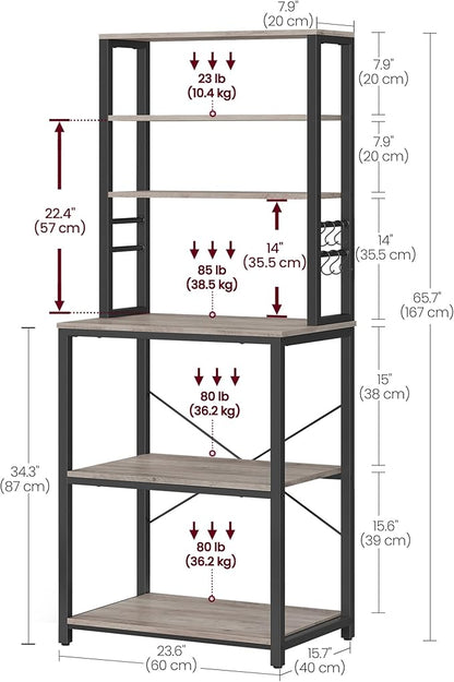 VASAGLE Coffee Bar, 23.6 Inches Baker's Rack for Kitchen with Storage, 6-Tier Kitchen Shelves with 6 Hooks, Microwave Stand, Industrial, Heather Greige and Ink Black UKKS024B02