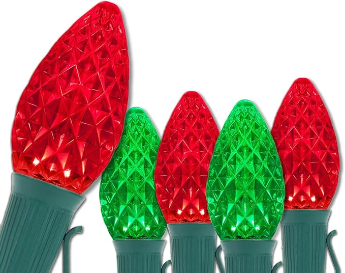 Wintergreen Lighting 50 C7 OptiCore Commercial Red and Green Christmas Lights - Durable Outdoor LED Bulbs for Holiday Displays, Heavy Duty Green Wire (50 ft)