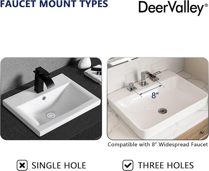 DeerValley 24x19 Inch Rectangular Drop-in Bathroom Sink, White Semi Recessed Vessel Sink with Overflow and Three Faucet Holes, Ceramic Vanity Basin, DV-1DS0121
