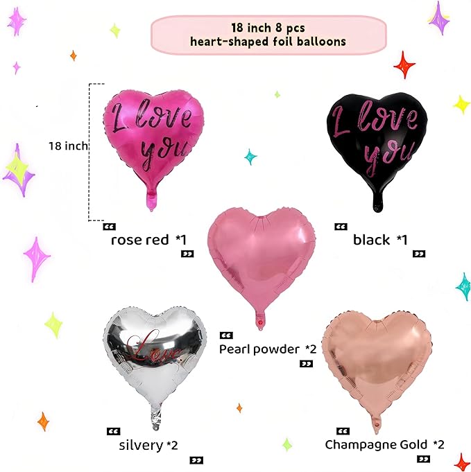 8 pcs heart-shaped balloons, 18 inch heart-shaped foil balloons, suitable for wedding decoration, engagement, birthday, holiday, Valentine's Day party theme decoration