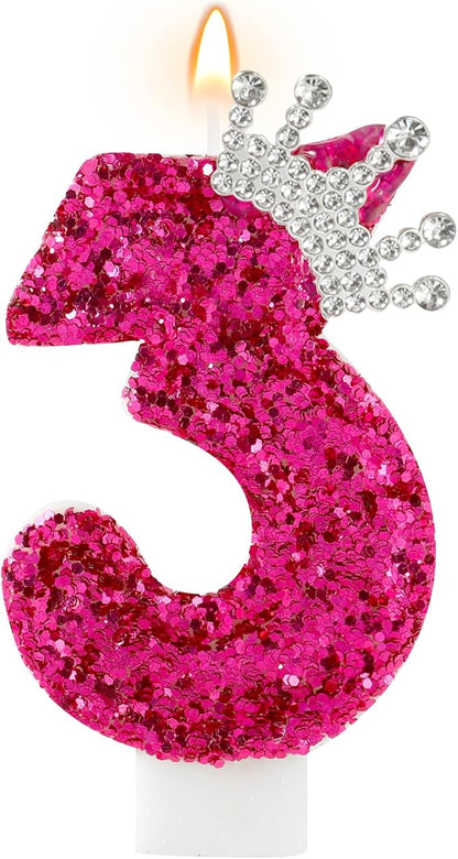 Hot Pink Birthday Candles Crown Number 3 Candle 3rd Birthday Party Decorations Cake Topper Cupcake Decor for Anniversary Celebrations Supplies