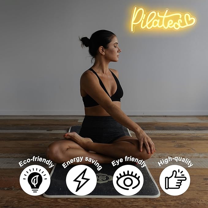 Pilates Neon Sign Yoga LED Neon Lights Signs Orange Letter with Love Neon Signs for Wall Motivational Wall Art Pilates Neon Light Up Sign for Gym Yoga Studio Bedroom Pilates Pavilion Decor