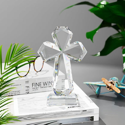 YWHL Clear Crystal Standing Cross Figurine Decor, Holy Cross Collectible Figurines Decoration, Religious Gifts for Women Men, Handmade Christian Easter Cross for Home Office