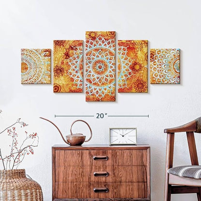 ElephantStock - Sun Like Mandala Symbols Wall Art - Horizontal Multi Panel Canvas - 5 Piece Living Room Wall Decor - Digital Art Elements Multi Piece Wall Art - Orange And Blue Decor - 36" x 15"