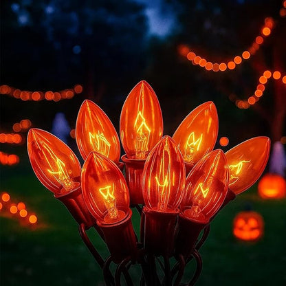 C9 Clear Orange String Light, 25Ft Outdoor Halloween Light String with 25 Clear Edison Bulbs, C9 Vintage Glass Hanging Lights for Patio Halloween Party Holiday Decor, C9/E17 Base, Black Wire