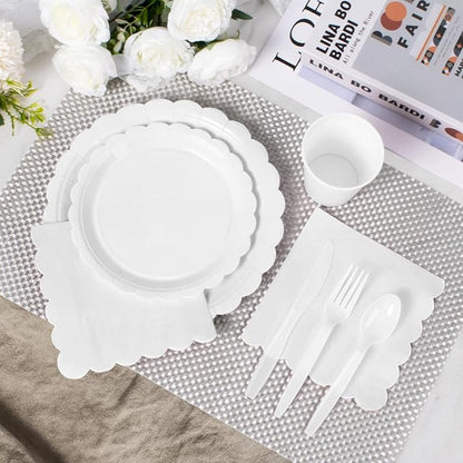 Vyntra 350 PCS Disposable Plates for Party, Paper Plates & Napkins Set with Cups, Knives, Forks, Spoons, 7'' Dessert and 9'' Dinner Plates for Wedding, Birthday, New Year’s Eve, Christmas - White