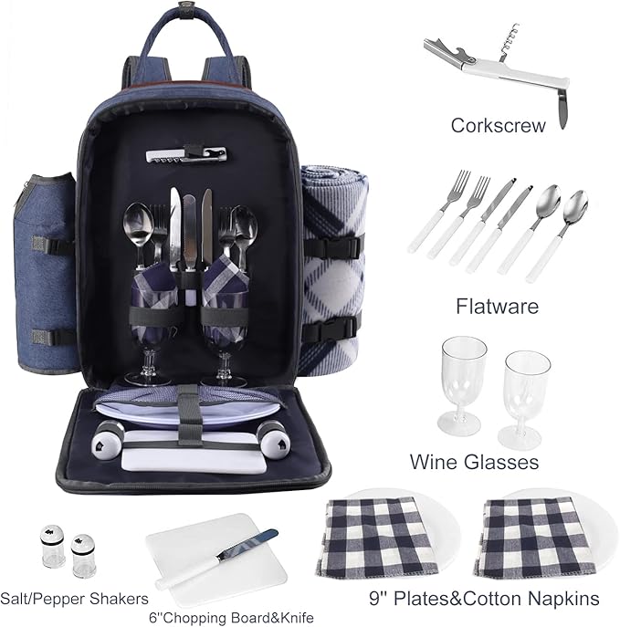 ALLCAMP OUTDOOR GEAR Picnic Backpack for 2 Person Set W/Detachable Bottle/Wine Holder, Fleece Blanket, Plates and Cutlery Set (Blue)