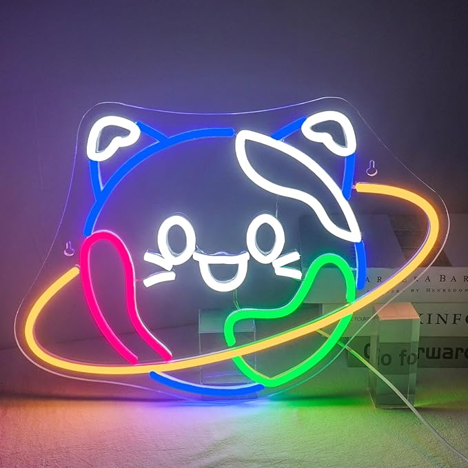 Lucunstar Planet Cat Neon Sign Cute Neon Light Signs for Wall Decor Cat LED Lights USB Connectivity Adjustable Brightness Earth Decor for Home Wall Bedroom Pet Shop Gifts for Geography Lover