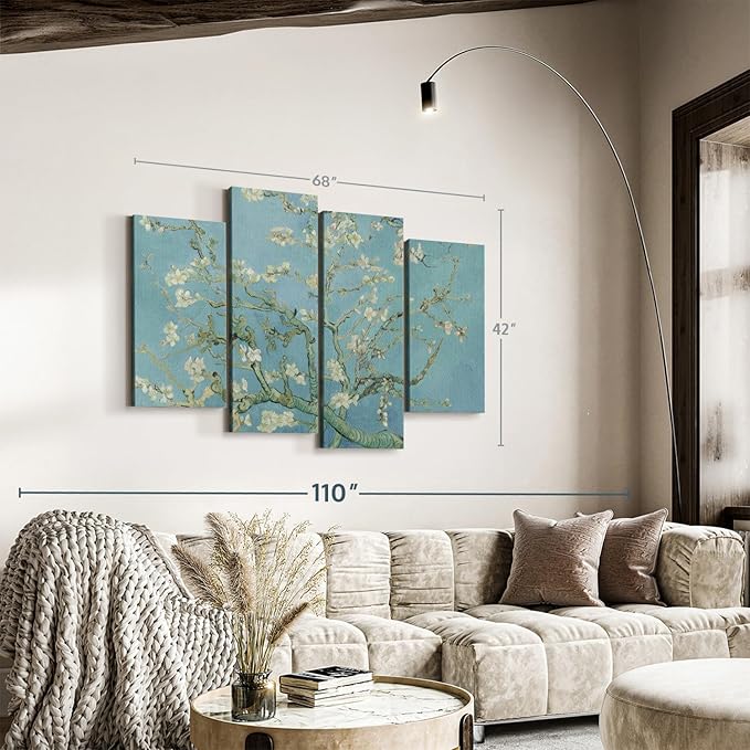 ElephantStock Almond Blossoms Wall Art - Horizontal Canvas - 4-Piece Living Room Wall Decor - Flower Painting Canvas Print - Blue and Green Decor for Wall by Vincent Van Gogh - 68" X 42"