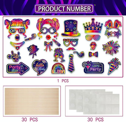 25pcs Glow Neon Photo Booth Props with Sticks | Let's Glow Themed Party Supplies for Birthday, Disco, Black Light & Neon Glow Parties | 25 Designs (Hats, Glasses, Balloons & More)