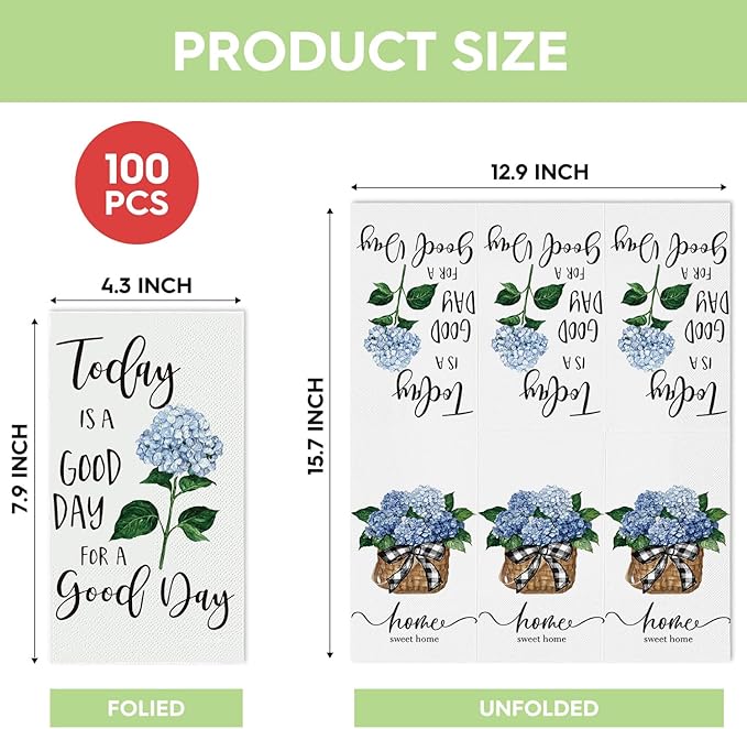 Horaldaily 100 Disposable Paper Decorative Guest Napkins, Blue Hydrangea Good Day Celebration Hand Towel for Party Lunch Dinner Kitchen Bathroom