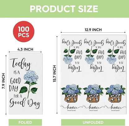 Horaldaily 100 Disposable Paper Decorative Guest Napkins, Blue Hydrangea Good Day Celebration Hand Towel for Party Lunch Dinner Kitchen Bathroom