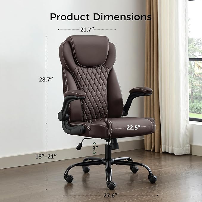 Office Chair, Executive PU Leather Chair, Ergonomic Computer Desk Chair with Lumbar Support and Adjustable Flip-Up Arms, Rocking Task Chair (Brow