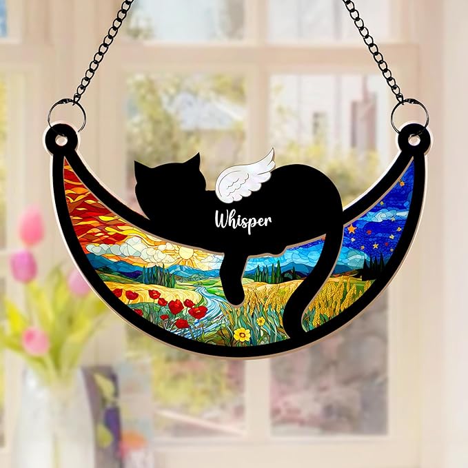 Personalized Pet Memorial Suncatcher – Custom Cat Angel Suncatcher with Name & Breed, Pet Loss Sympathy Gift, Memorial Keepsake for Cat Lovers