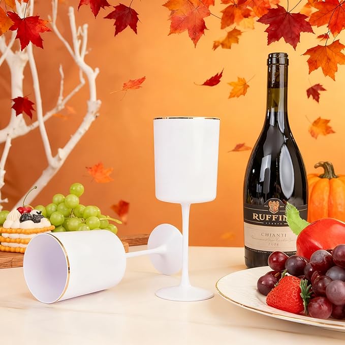 Ciaell 12 Pack White Plastic Wine Glasses with Stem - 10 Oz White and Gold Disposable Wine Glasses for Parties & Thanksgiving & Weddings & Poolside & Toasting & Outdoors & Graduation