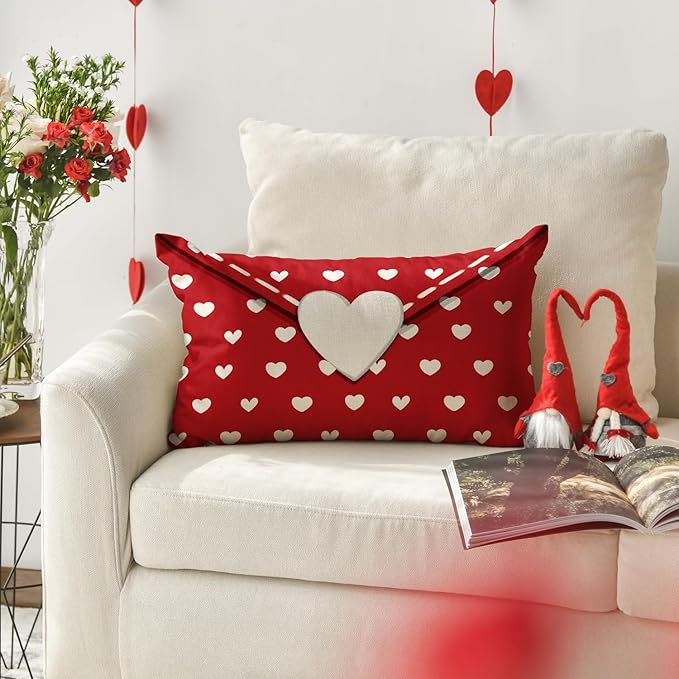 AVOIN colorlife Valentine's Day Envelope Throw Pillow Cover, 12 x 20 Inch Red Heart Red Anniversary Wedding Cushion Case Decoration for Sofa Couch