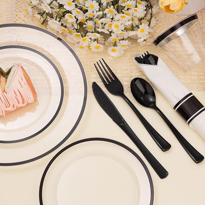 BESTSTAR 175PCS Clear and Black Disposable Plates Set for 25 Guests, 50 Plastic Plates, 25 Cups, 25 Pre-Rolled Napkins with Plastic Cutlery for Party, Birthday, Wedding, Thanksgiving, Christmas