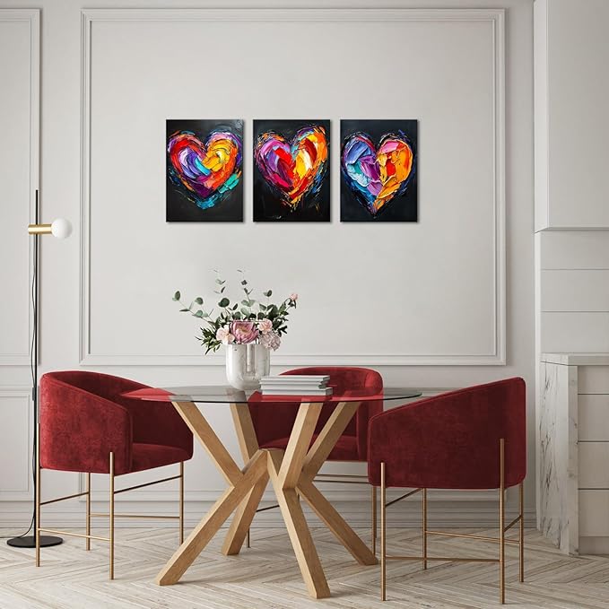 KLVOS 3 Panel Colorful Heart Wall Art Graffiti Canvas Prints Valentine's Day Love Art Abstract Paintings for Office Couple Bedroom Decoration