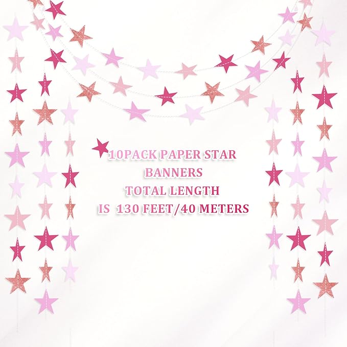 Patelai Glitter Star Garland Banner Christmas Decor 130 Feet Star Hanging Bunting Banner Twinkle Backdrop for Homecoming Classroom Wedding Birthday Halloween Party Supplies(Pink,Purple)