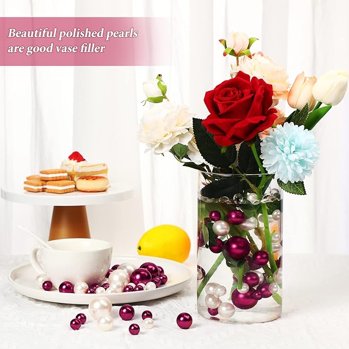 Hicarer 120 Pieces Pearl for Vase Filler Pearl Bead Vase Centerpieces Brush Holder Assorted Round Faux Bead for Crafting, Home Wedding Table Decor 14/20/30 mm(Creamy White, Bright Wine Red)