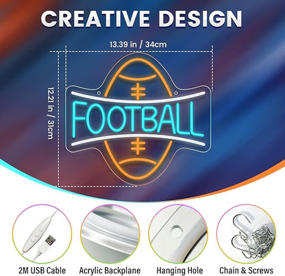 Football Neon Sign, Wootfairy Led Sport Neon Signs for Wall Decor, Dimmable Neon Light for Man Cave & Game Room Decor, Bedroom, Bar Club, Sports decor for Men, Teens
