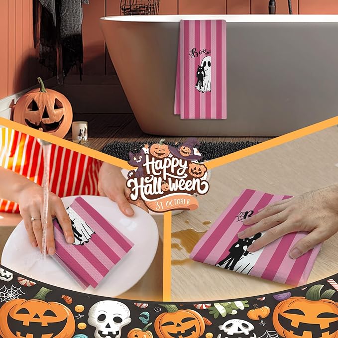 Black Cat Halloween Kitchen Towels, Cat Lover Mom Lady Gifts Dish Tea Towels for Kitchen Decor, Pink Striped Halloween Ghost Decorative Hand Towel for Bathroom, 16x24 Inches