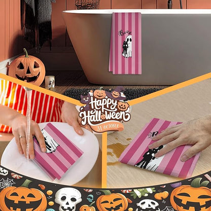 Black Cat Halloween Kitchen Towels, Cat Lover Mom Lady Gifts Dish Tea Towels for Kitchen Decor, Pink Striped Halloween Ghost Decorative Hand Towel for Bathroom, 16x24 Inches