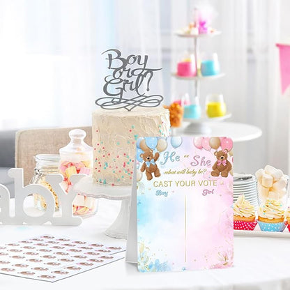 Poen Bear Gender Reveal Game Board with Stand, 60 He or She Bear Stickers, Cast Your Vote Baby Shower Party Supplies, Boy or Girl Guessing Game Decorations for Gender Reveal Party Baby Shower Decor