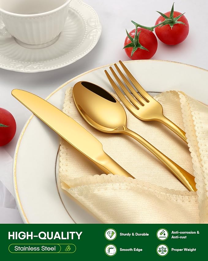 60 Piece Gold Silverware Set, Stainless Steel Flatware Set for 12 Food Grade Cutlery Utensil Set Include Knife Fork Spoon Mirror Polished Dishwasher Safe