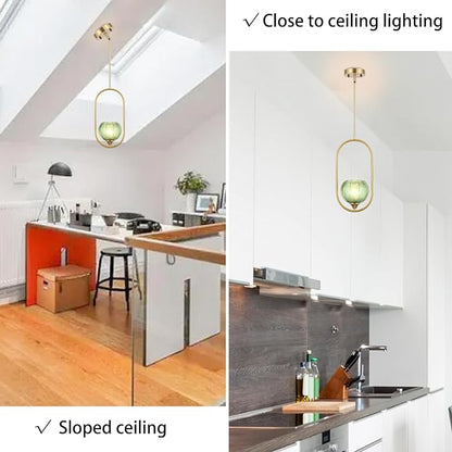 Modern Gold Globe Pendant Light with Green Glass Globe Lampshade Mid Century Chandelier 1-Light Brushed Brass Ceiling Hanging Lighting Fixture for Kitchen Island Dining Room Bedroom (2 Pack)