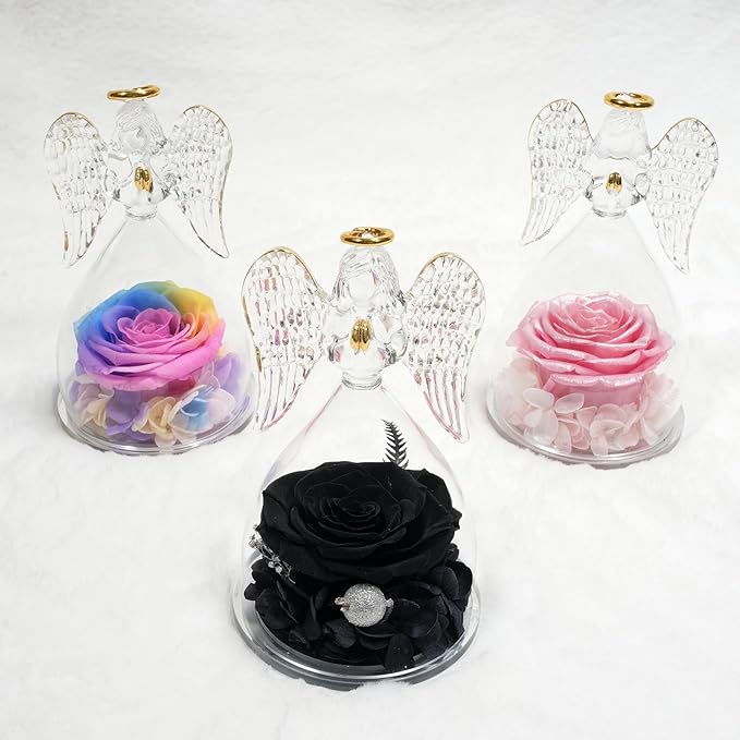 Miofula Preserved Flower Rose Birthday Gifts for Mom, Angels Figurines with Forever Real Rose Gifts for Women Mom Grandma, Angels Gifts for Valentine's Day Anniversary (Black)
