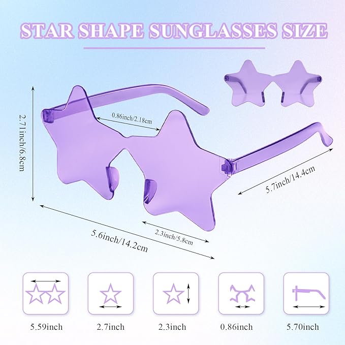 NACHLYNN 24 Pcs Pentagram Glasses Purple Rimless Star Shaped Sunglasses Transparent Sunglasses for Party Costumes Cosplay