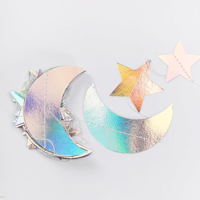 Iridescent Disco-Holographic Party-Decorations Moon-Star Garland - 62Ft Twinkle Little Star Hanging Neon Streamers Banner,Eid Ramadan Mubarak Decoration Birthday Wedding Baby Shower Decor Panduola