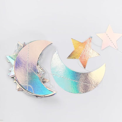 Iridescent Disco-Holographic Party-Decorations Moon-Star Garland - 62Ft Twinkle Little Star Hanging Neon Streamers Banner,Eid Ramadan Mubarak Decoration Birthday Wedding Baby Shower Decor Panduola