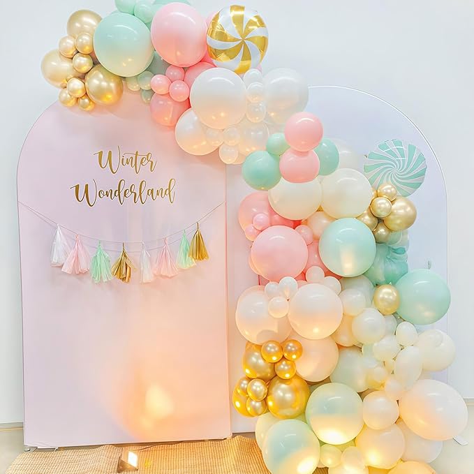 Pink and Green Balloons Pastel Green Pink White Sand Gold Metallic Balloons Nut Sugar Fairy Theme Balloon Set for Winter Wonderland Snow Ice Spring Birthday Christmas Baby Shower Party Decorations