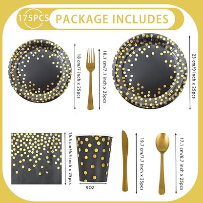 175pcs Disposable Black and Gold Paper Plates and Napkins, Golden Dot Paper Plates Napkins Dinnerware Set Serves 25 Guests for Birthday,baby shower,Party