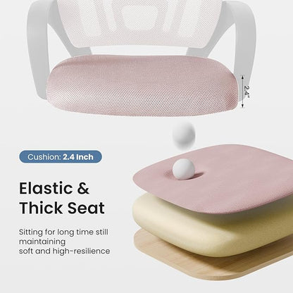 DUMOS Home Office Chair - Ergonomic Mid Back Mesh Desk Chair with Lumbar Support & Rocking Mode, Height Adjustable with Fixed Armrest, for Computer, Gaming, Meeting, 360° Swivel, Pink