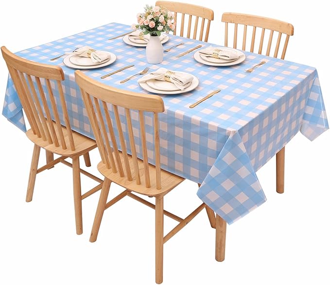 Kesfey 9 Packs Light Blue Gingham Tablecloth Pale Blue and White Checkered Tablecloths 54 x 108 Inches Disposable Plastic Gingham Tablecovers Waterproof Rectangle Picnic Table Cover for Birthday Party