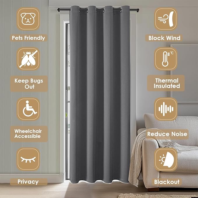 ChrisDowa Blackout Curtains 80 Inches Long for Doorways and Closets, Thermal Insulated Temporary Room Dividers (1 Panel, Grey, 42 x 80 Inch)