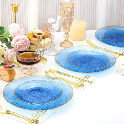 150 Pcs Blue Plastic Dinnnerware Set for 25 Guests - Clear Blue Plastic Plates Disposable with Gold Trim - Fancy Disposable Plates for Party Wedding Birthday Thanksgiving