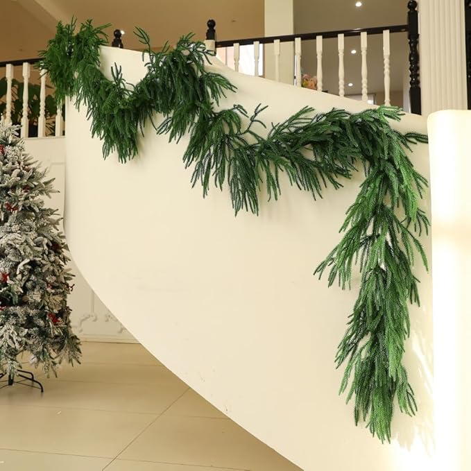 9FT Christmas Garland Artificial Norfolk Pine Garland，Handmade Real Touch Greenery Faux Pine Needles Garland for Home Table Mantle Fireplace Indoor Outdoor Christmas Decor(Dark Green)