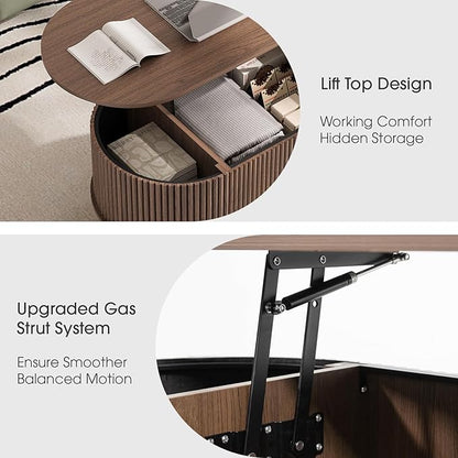 42.5" Oval Lift Top Coffee Table with Storage, Mid Century Modern Walnut Center Table with Fluted Design, Pop Up Coffee Table for Living Room,Solid Wood Legs & Hidden Compartment,